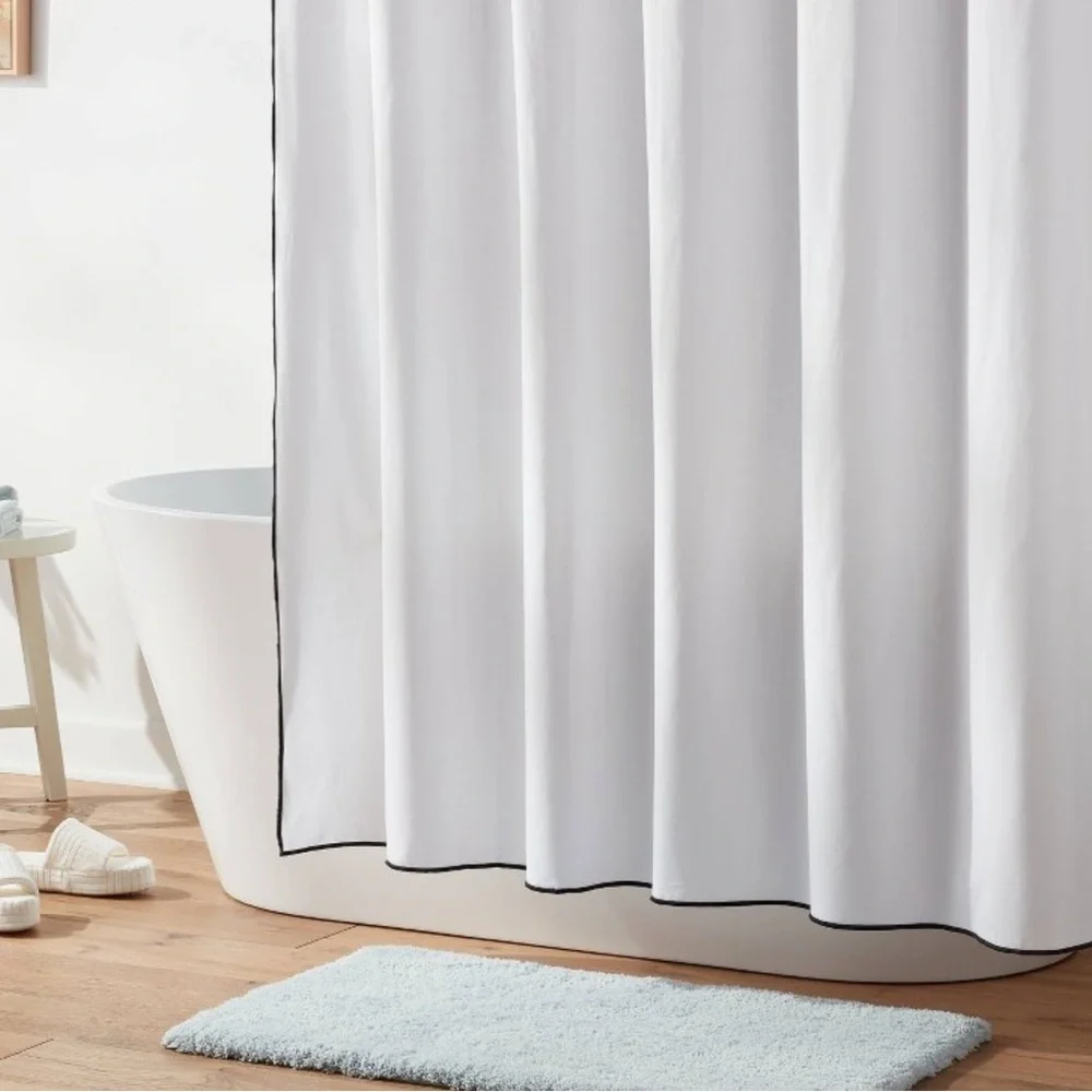 NEW Threshold Luxe Black Border Stitch Shower Curtain